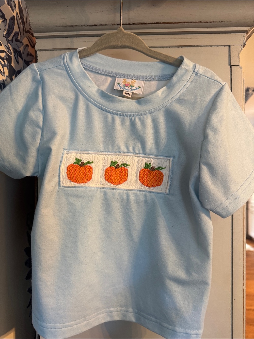 Light Blue Kids Short Sleeve Tee with Orange Pumpkin Motif